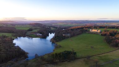 Aerial image of Harewood House at sunset taken in December 2017.